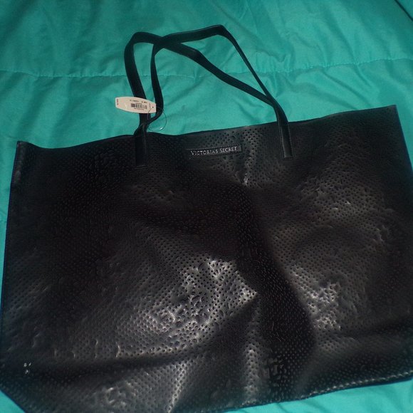 Victoria's Secret nwt black tote bag open weave front  20x14" - Picture 1 of 4